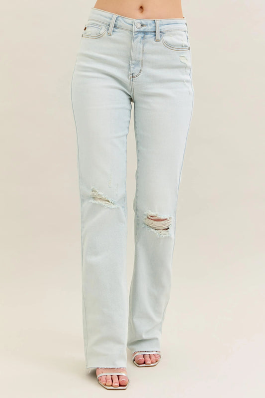 Judy Blue Full Size Destroy & Fray Hem Bootcut Jeans Light