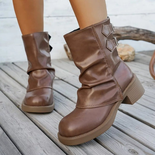 Round Toe Block Heels Boots Tan