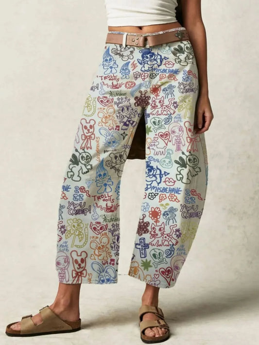 Printed Wide Leg Jeans Light Blue