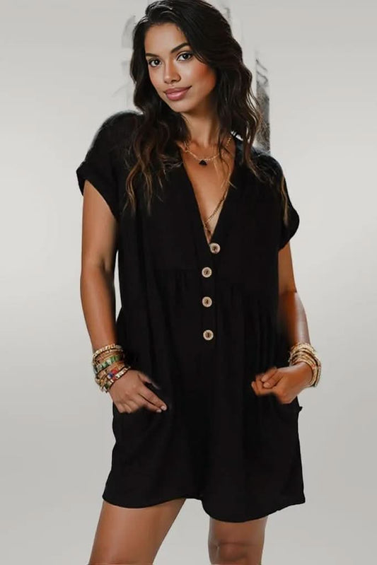 Pocketed V-Neck Short Sleeve Romper Black