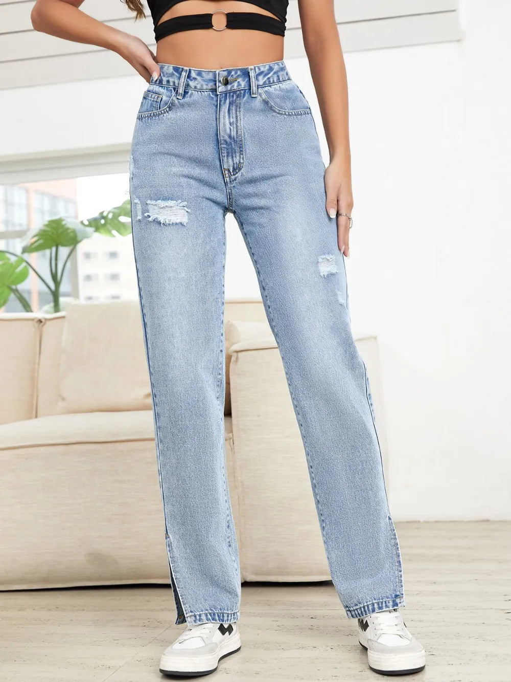 Distressed Slit Straight Leg Jeans Light