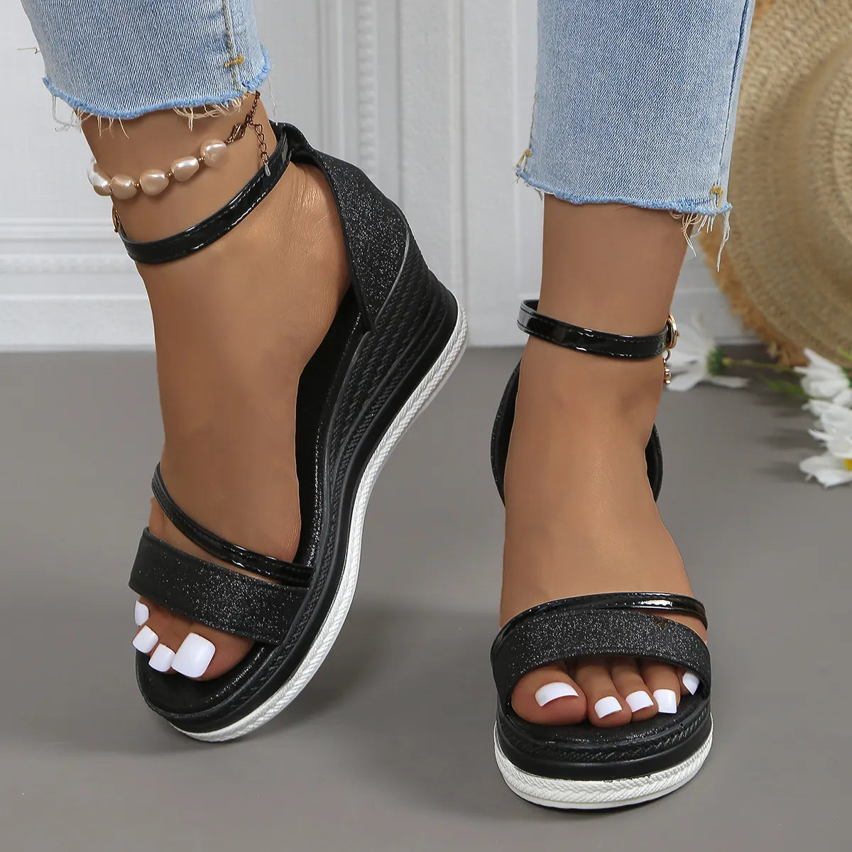 Glitter Platform Wedge Sandals with Ankle Strap Black