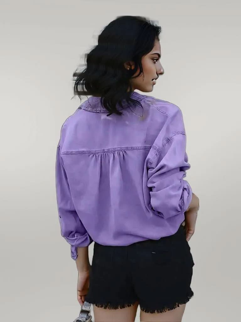 Drawstring Pocketed Button Up Denim Top