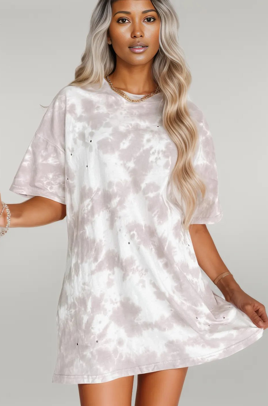 White Tie-dye Round Neck Short Sleeve Top