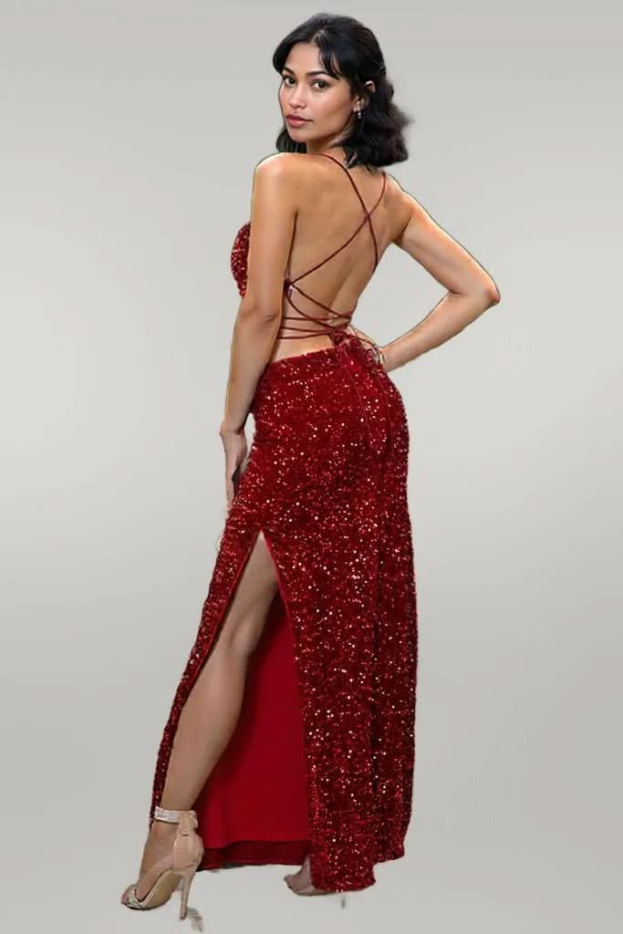 Sequin Backless Split Maxi Dress