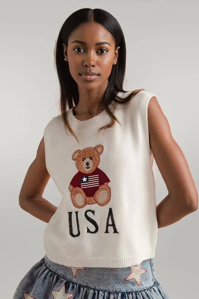 SO ME Teddy Bear Wearing An American Flag With Usa Embroidered Sweater Vest