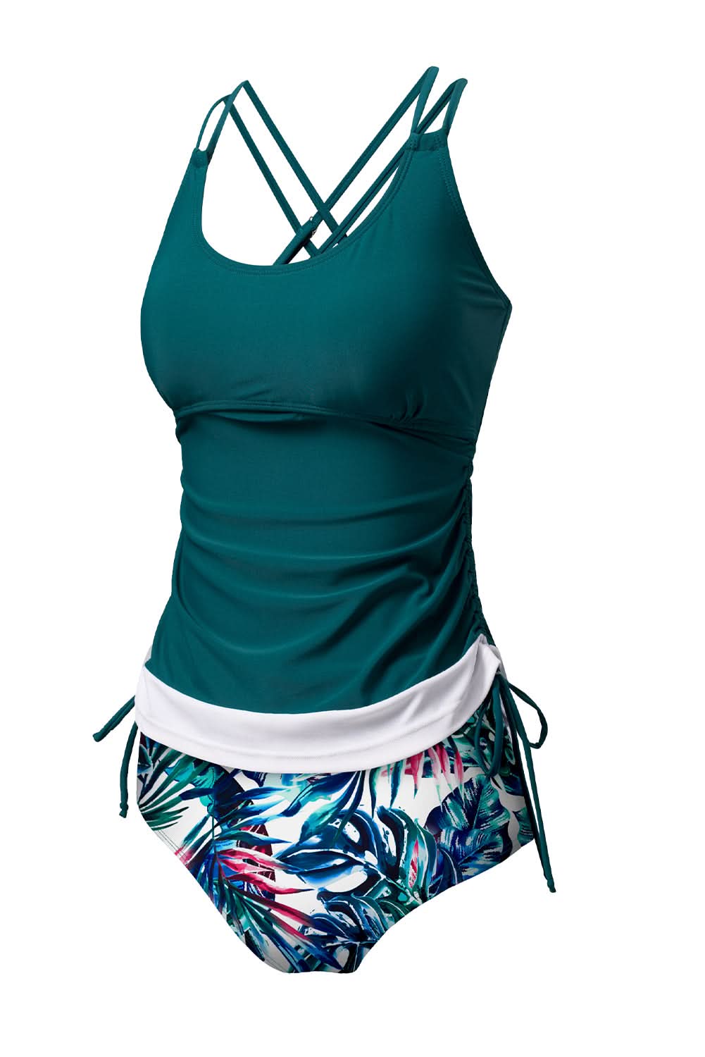 Mineral Red Drawstring Tummy Control Mix-and-match 2pcs Tankini Swimsuit Sea Green 82%Polyamide+18%Elastane
