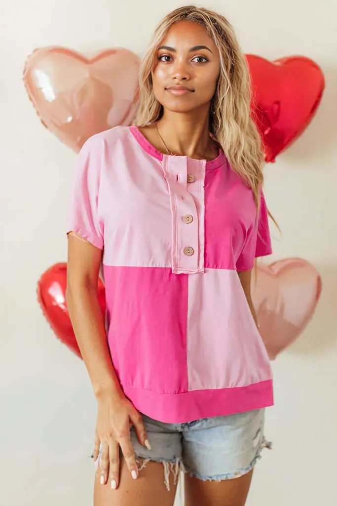 Pink Two Tone Half Buttons Collared T Shirt