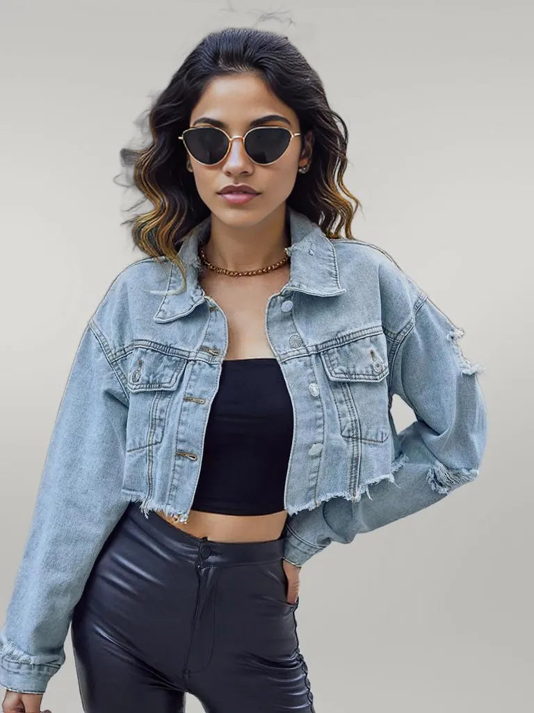Distressed Raw Hem Cropped Denim Jacket