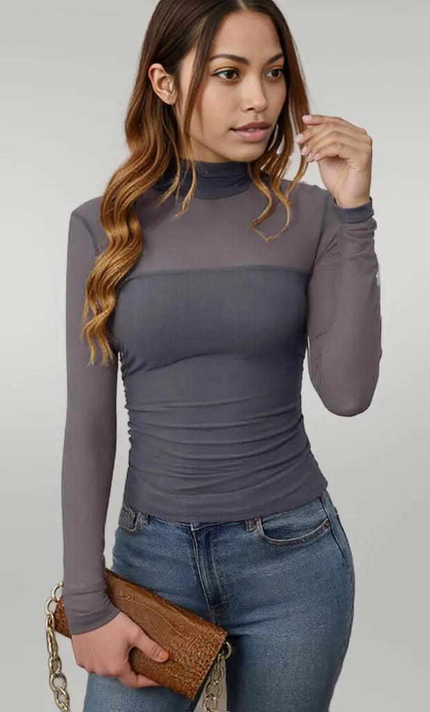 Mock Neck Long Sleeve Top Gray Blue