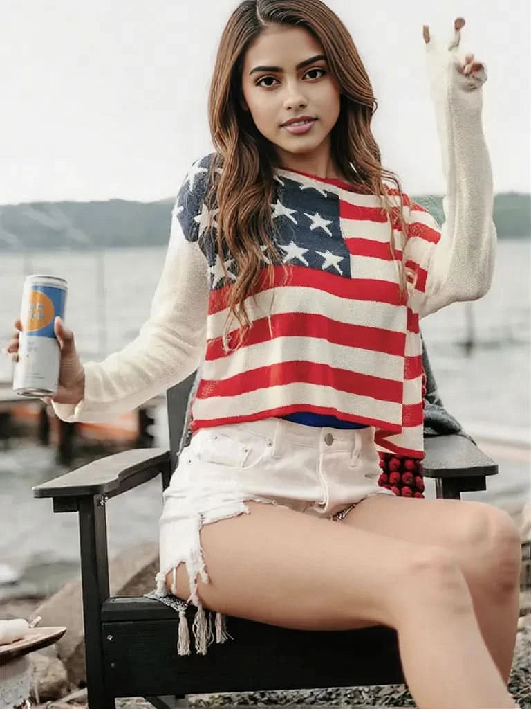 Perfee US Flag Boat Neck Long Sleeve Knit Top