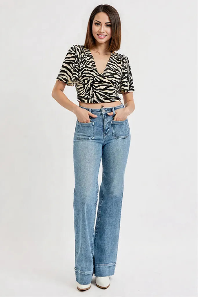 RISEN Full Size High Rise Wide Flare Patch Pocket Jeans