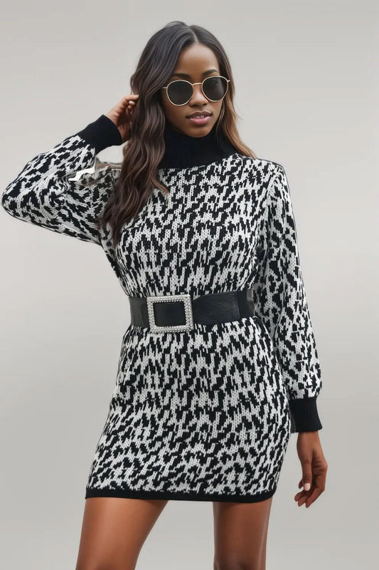 Heathered Turtleneck Mini Sweater Dress Black