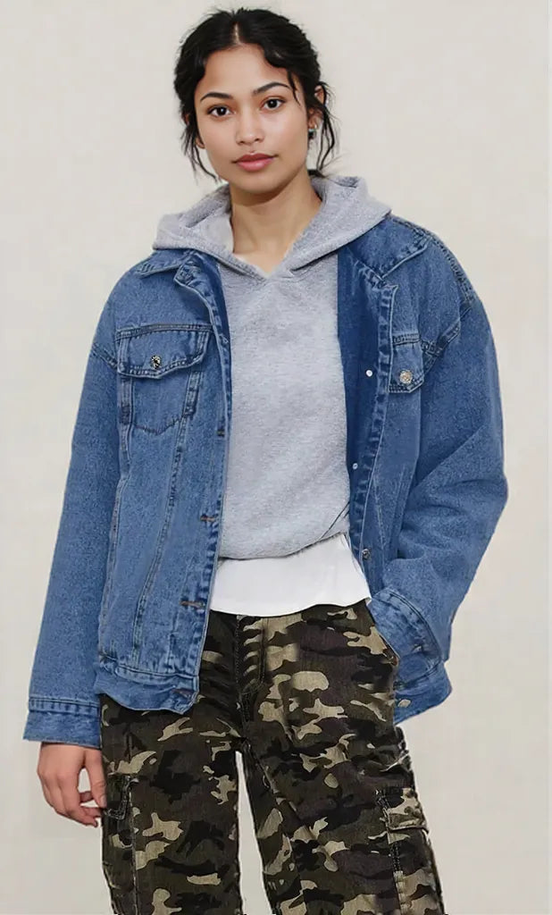 Button Up Collared Neck Long Sleeve Denim Jacket