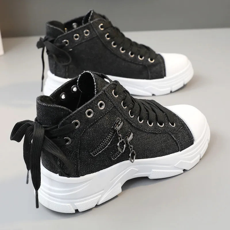 Decor Zipper Lace Up Round Toe Platform Sneakers Black