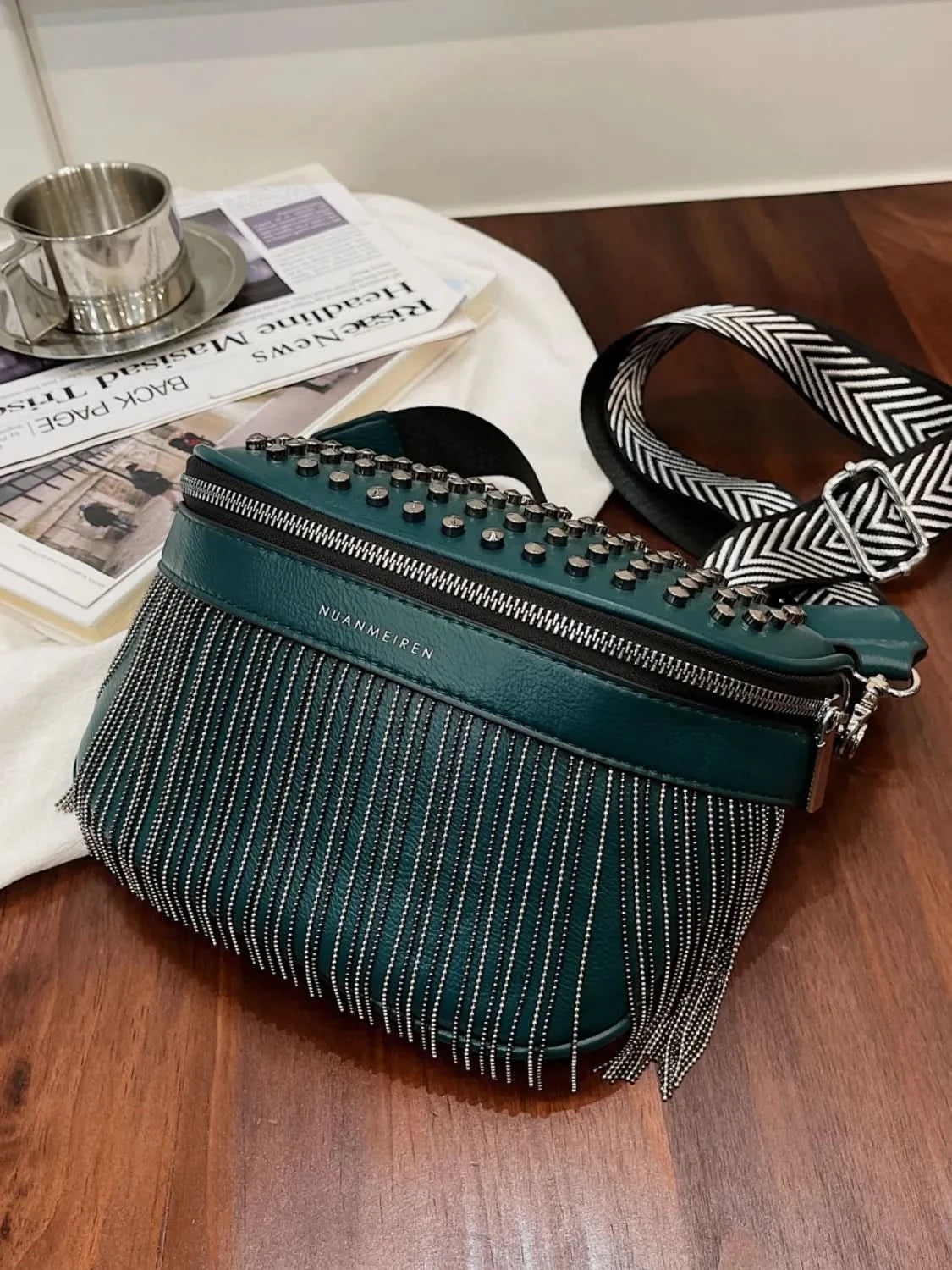 Fringe Studded PU Leather Crossbody Bag Dark Green One Size
