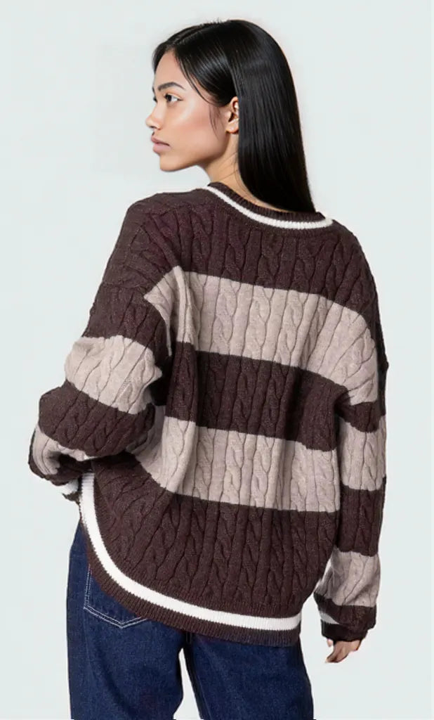 Striped Cable Knit V-Neck Sweater