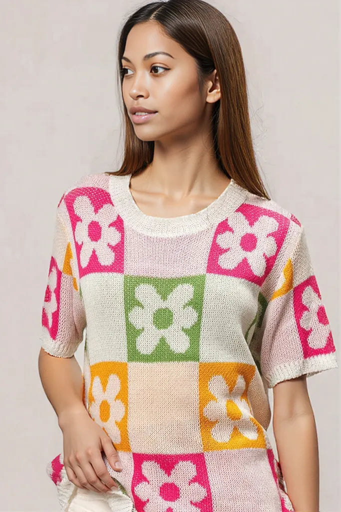 BiBi Flower Checker Pattern Lightweight Sweater Top
