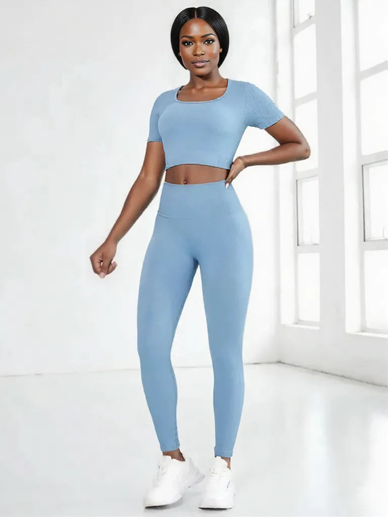 Round Neck Short Sleeve Top and Leggings Active Set
