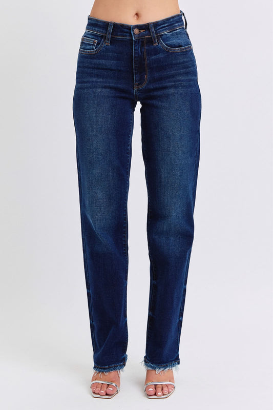Judy Blue Full Size Raw Hem Straight Leg Jeans Dark