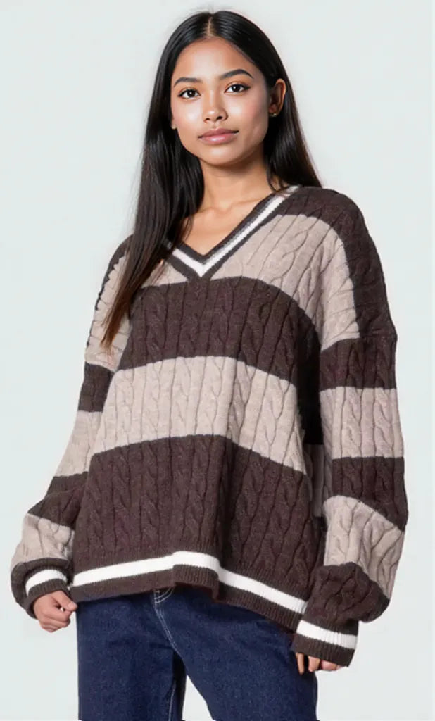 Striped Cable Knit V-Neck Sweater