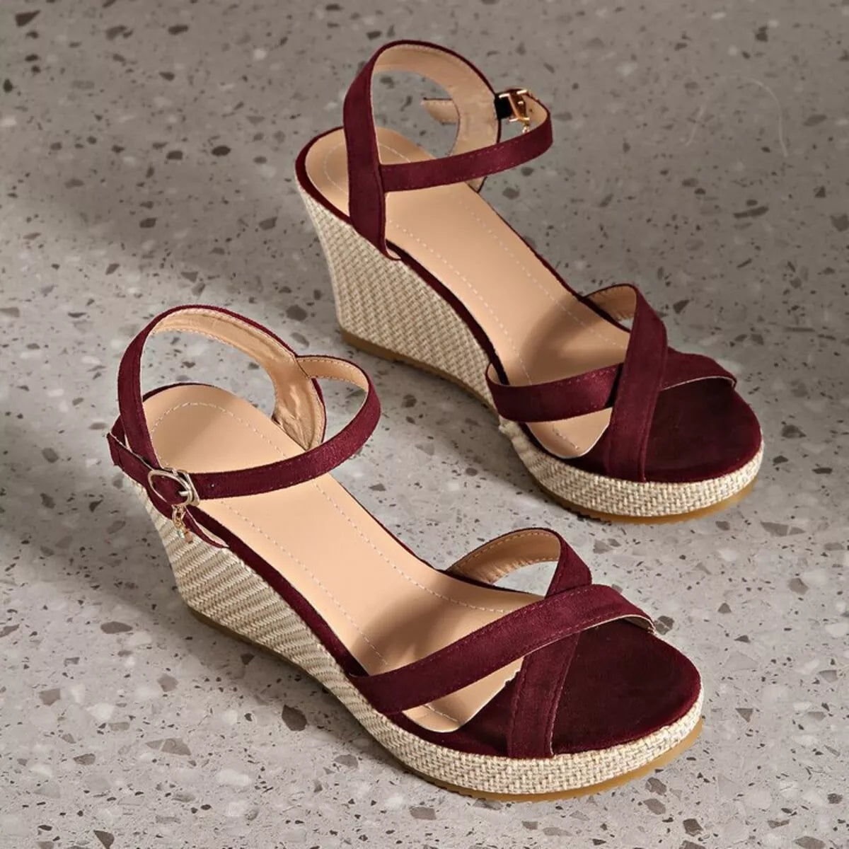 Crisscross Open Toe Wedge Sandals Burgundy