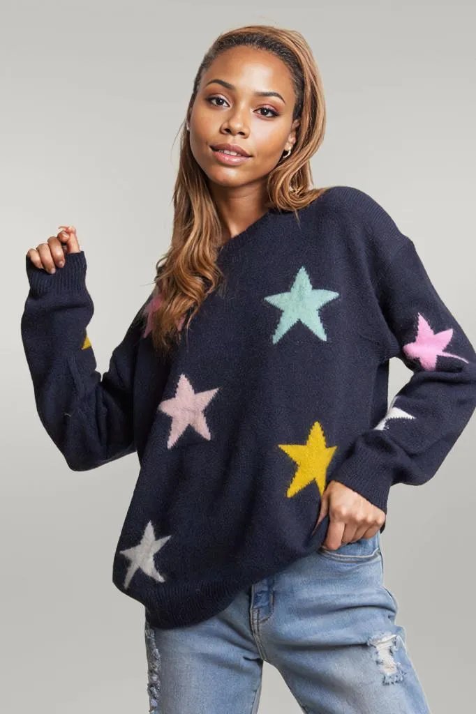 ADORA Stars Pattern Round Neck Drop Shoulder Sweater Dark Navy