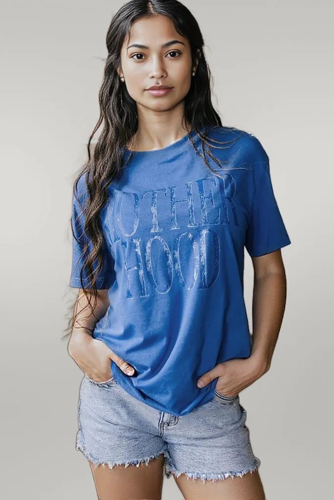 Sky Blue Vintage MOTHERHOOD Letter Graphic T Shirt Sky Blue 62%Polyester+32%Cotton+6%Elastane