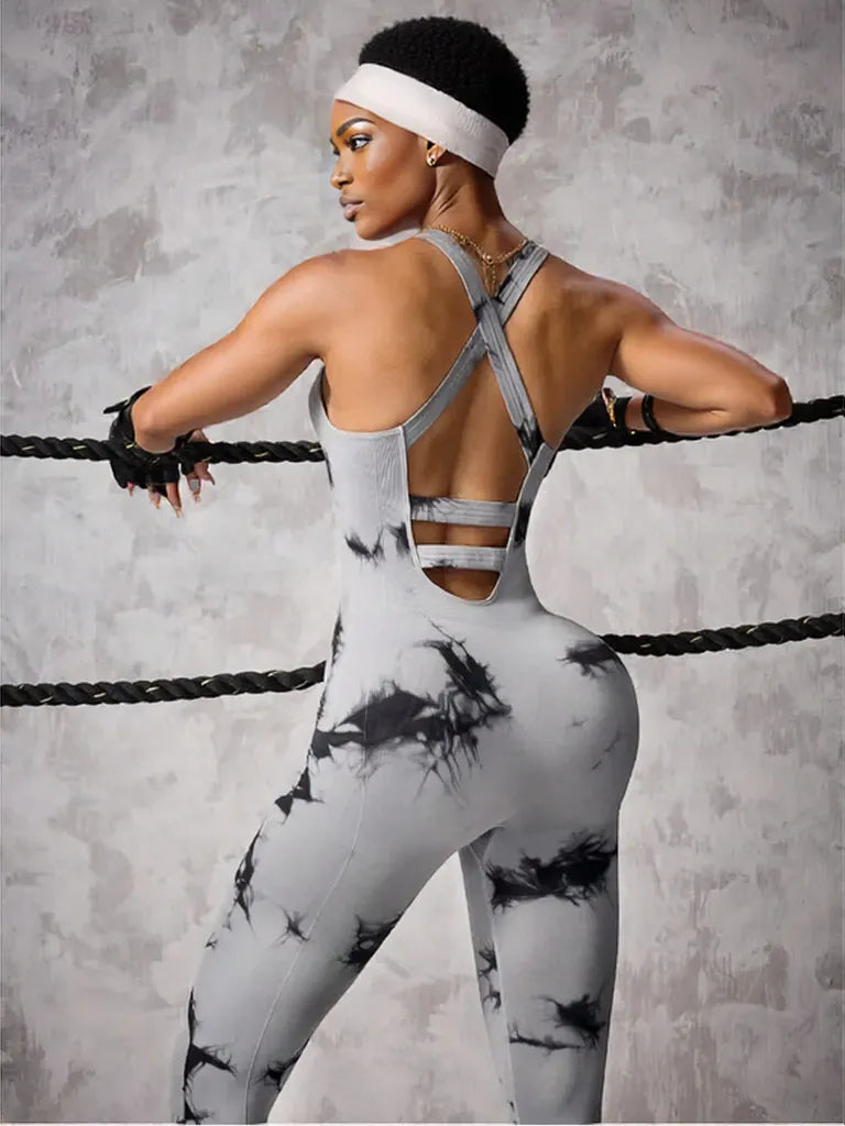 Back Crisscross Tie-Dye Scoop Neck Active Jumpsuit
