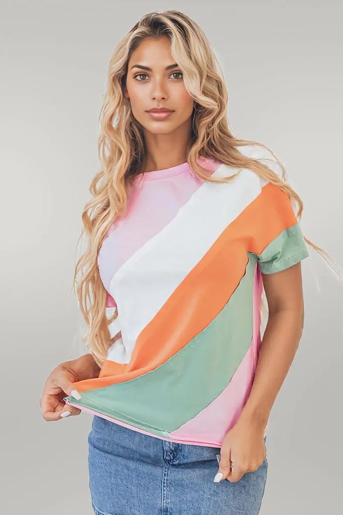 Pink Color Block Patchwork Seamed Crewneck T Shirt