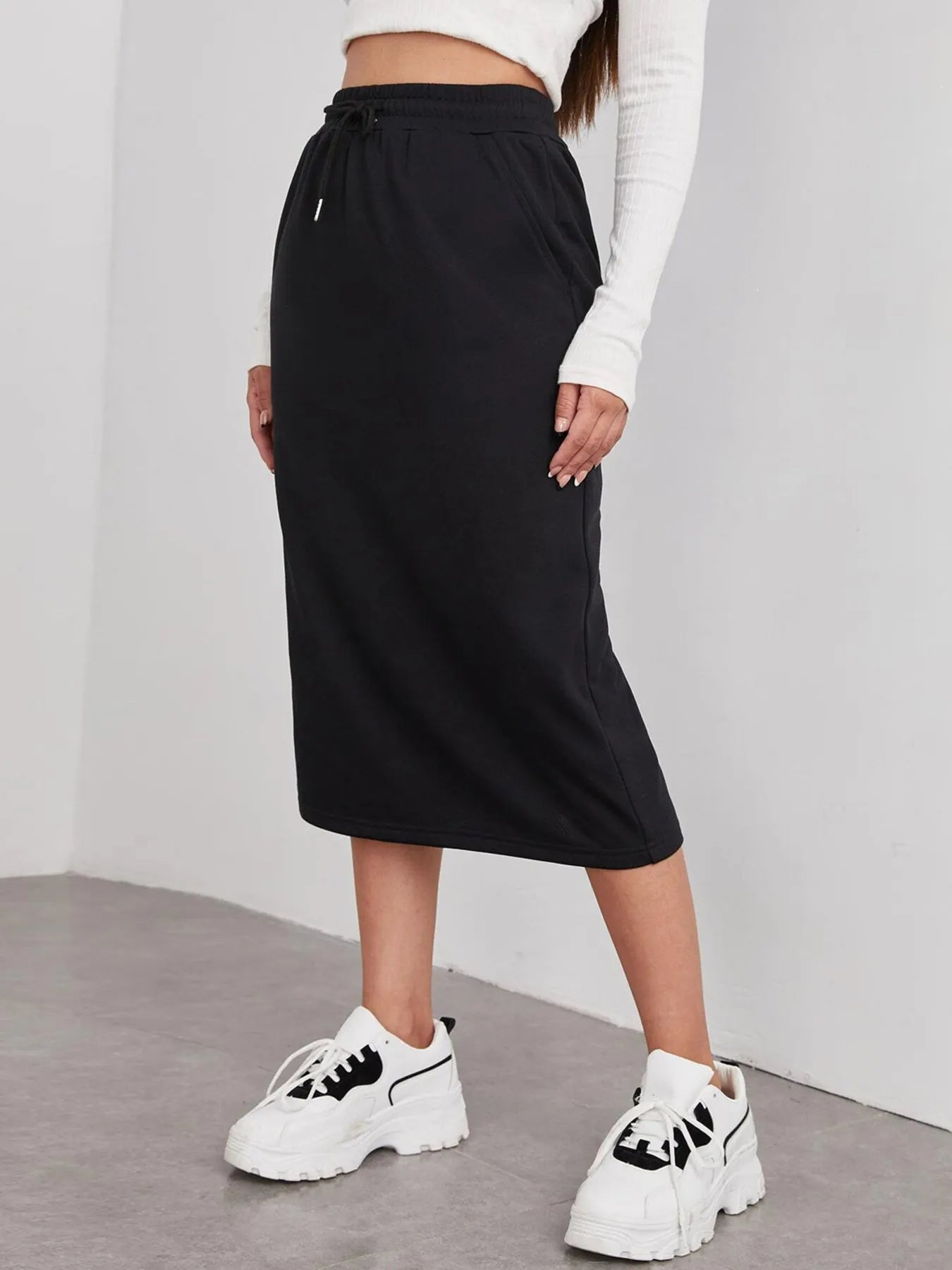 Slit Drawstring Midi Skirt Black
