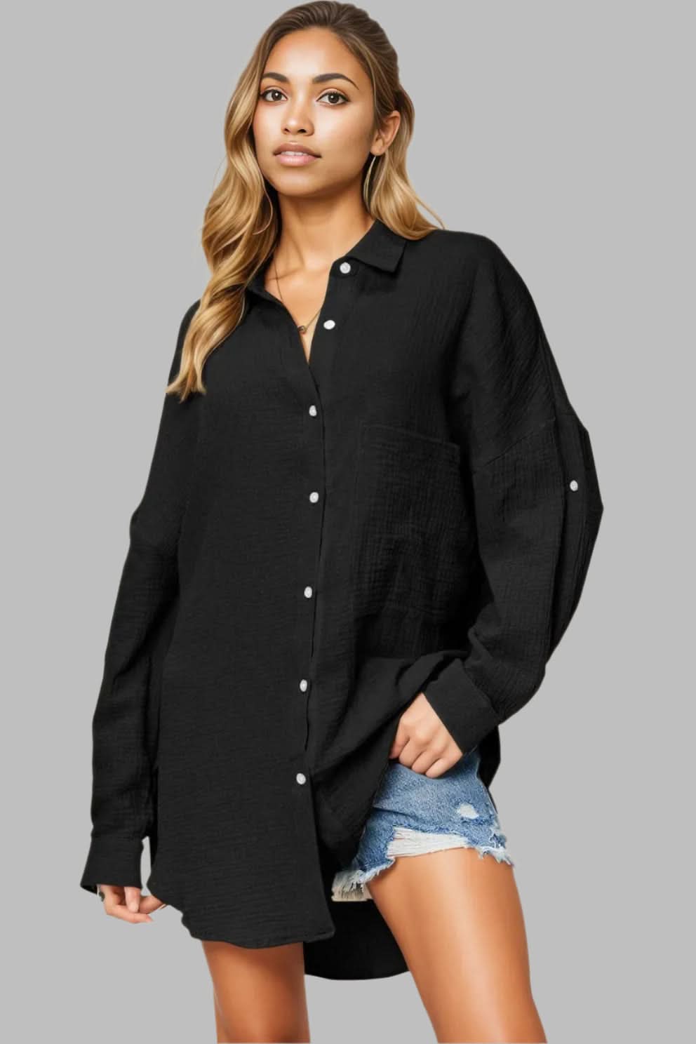 Double Take Full Size Pocketed Texture Button Up Shirt