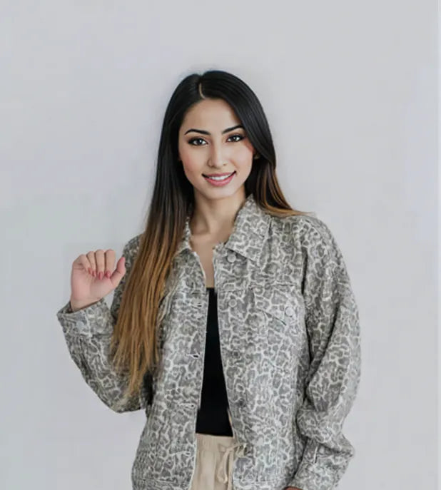 Leopard Button Up Denim Jacket Gray