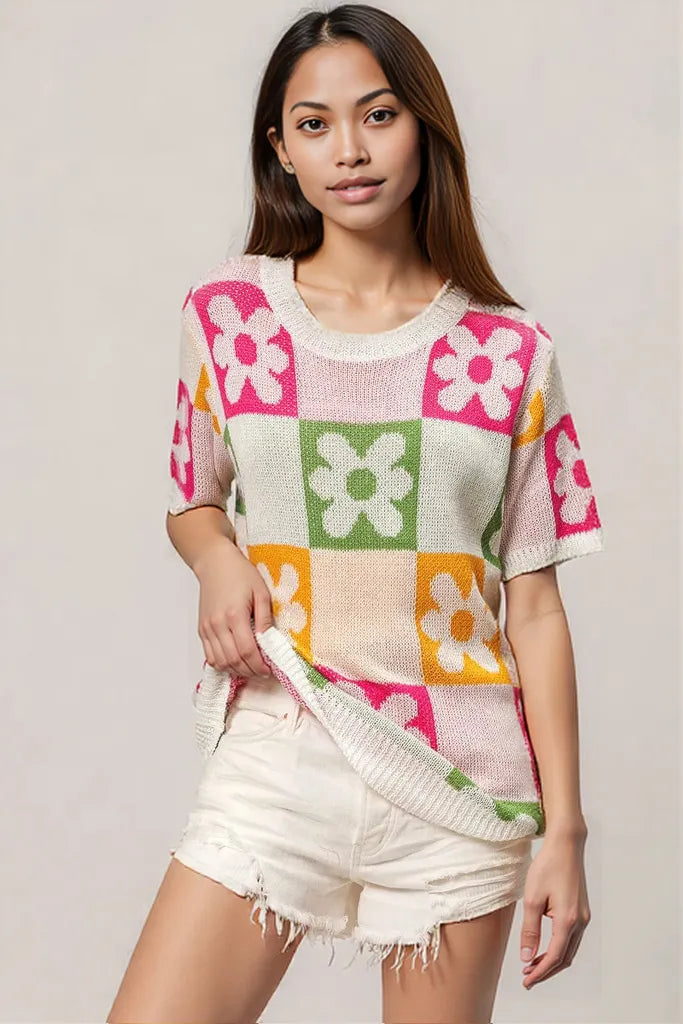 BiBi Flower Checker Pattern Lightweight Sweater Top