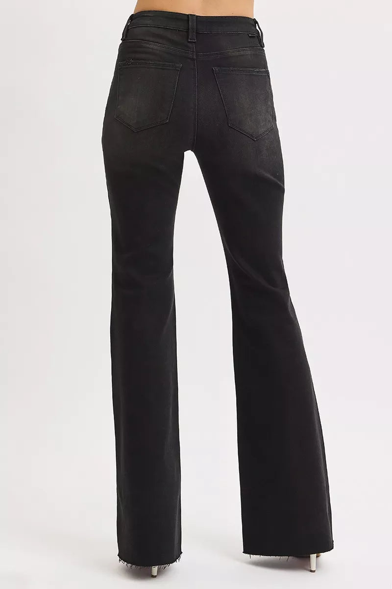 RISEN Full Size High Rise Flare Raw Cut Hem Jeans Plus Size BLACK