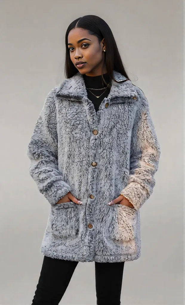 Pocketed Collared Neck Long Sleeve Plush Jacket