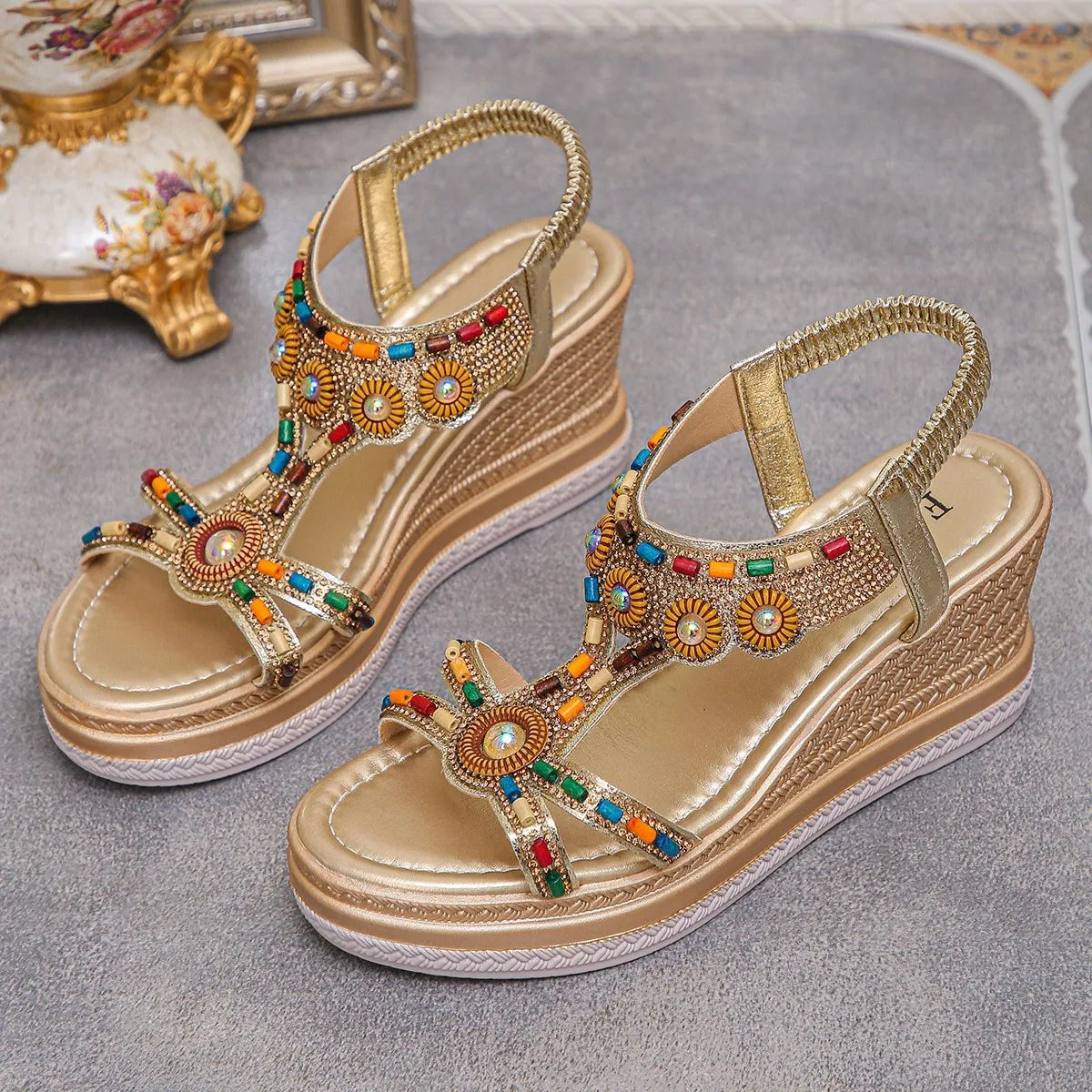 Beaded Open Toe Wedge Sandals