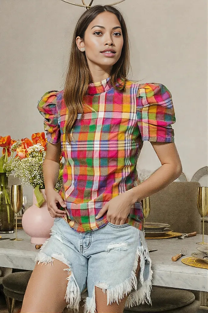 BiBi Short Puff Sleeve Washed Vintage Plaid Top
