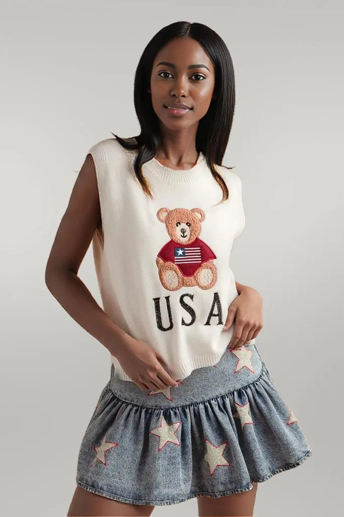SO ME Teddy Bear Wearing An American Flag With Usa Embroidered Sweater Vest IVORY