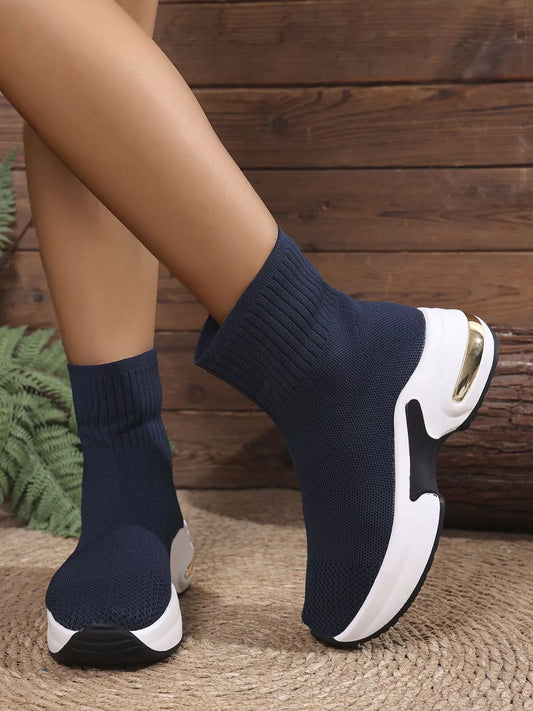 Mesh Round Toe Platform Boots Navy