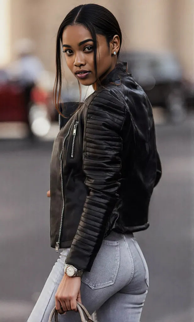 Quilted Sleeve Leather Moto Jacket