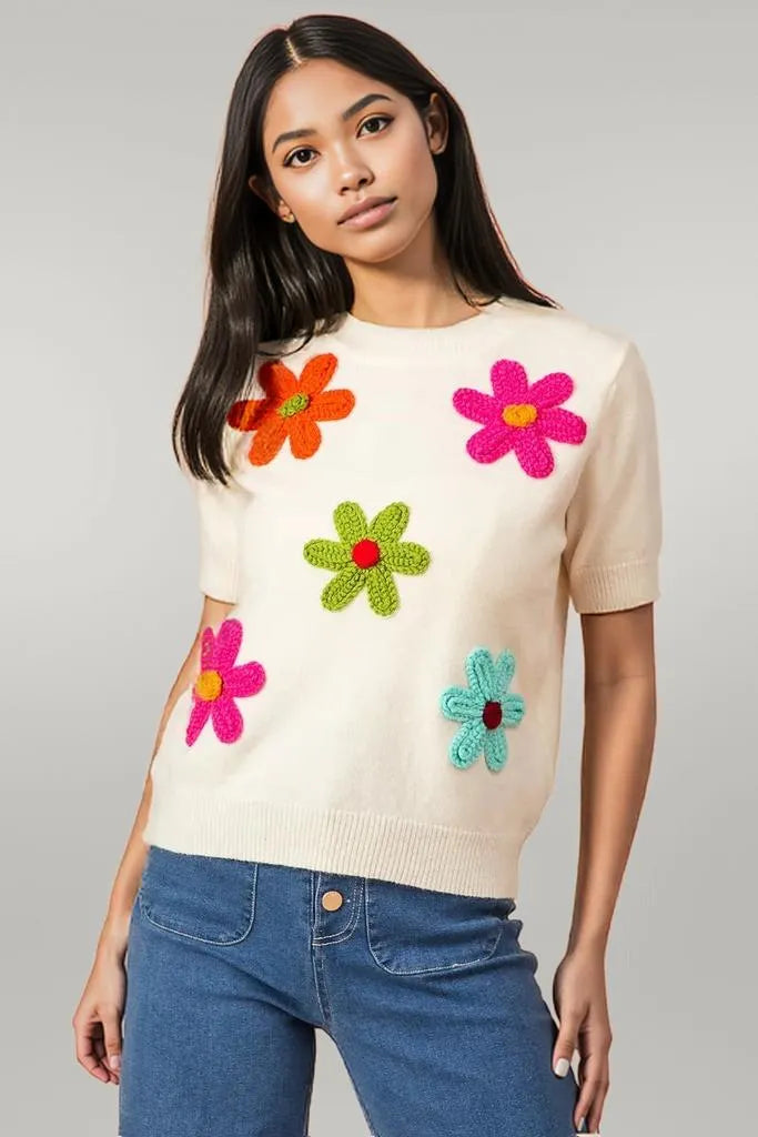 BiBi Crochet Flower Patch Sweater Top