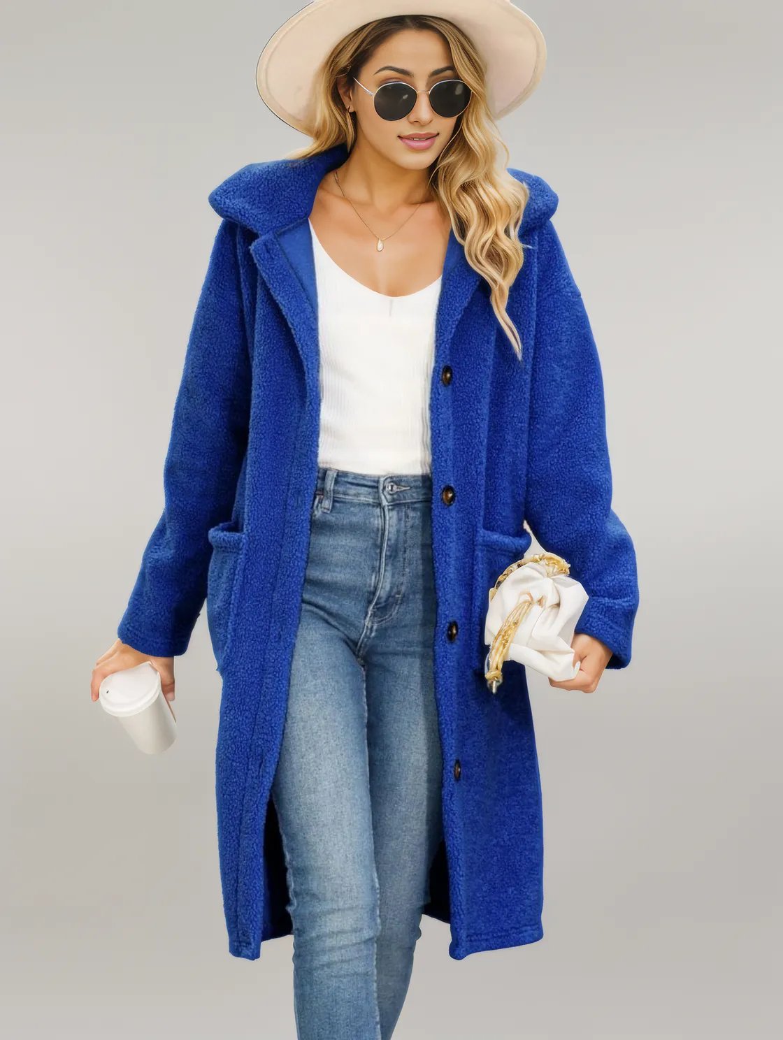 Collared Neck Button Down Coat Royal Blue