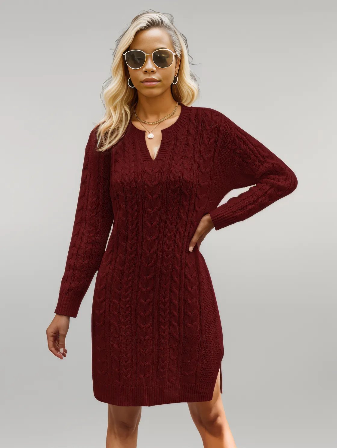 Notched Neck Cable-Knit Slit Sweater Dress Wine