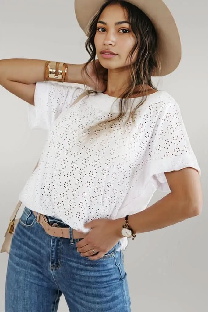 White Eyelet Pattern Boat Neck Casual Tee