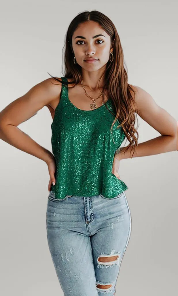 Sequin Scoop Neck Tank Dark Green