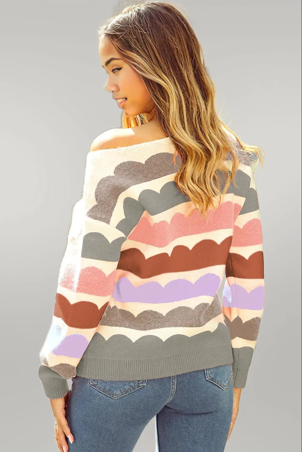 Rose Red Wave Striped Balloon Sleeve Drop Shoulder Sweater