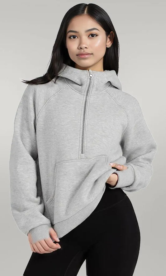 Half-Zip Hoodie with Kangaroo Pocket Light Gray