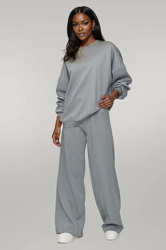 Wide Leg Tracksuit with Oversized Ribbed Sweatshirt: Effortless Chic, Ultimate Comfort grey
