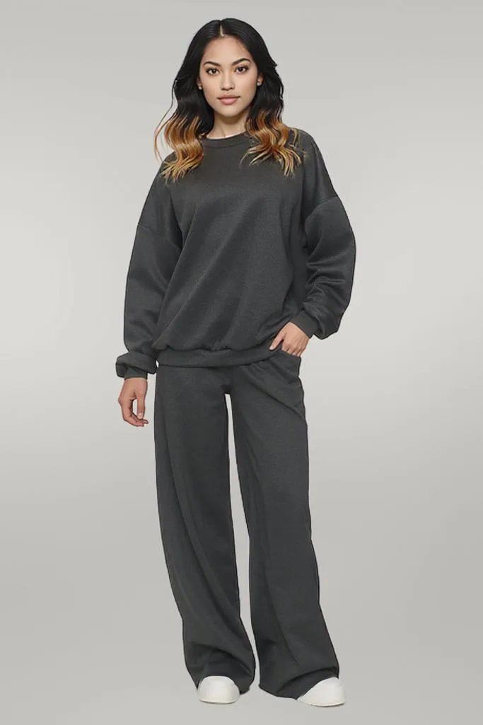 Wide Leg Tracksuit with Oversized Ribbed Sweatshirt: Women's Loungewear Set grey